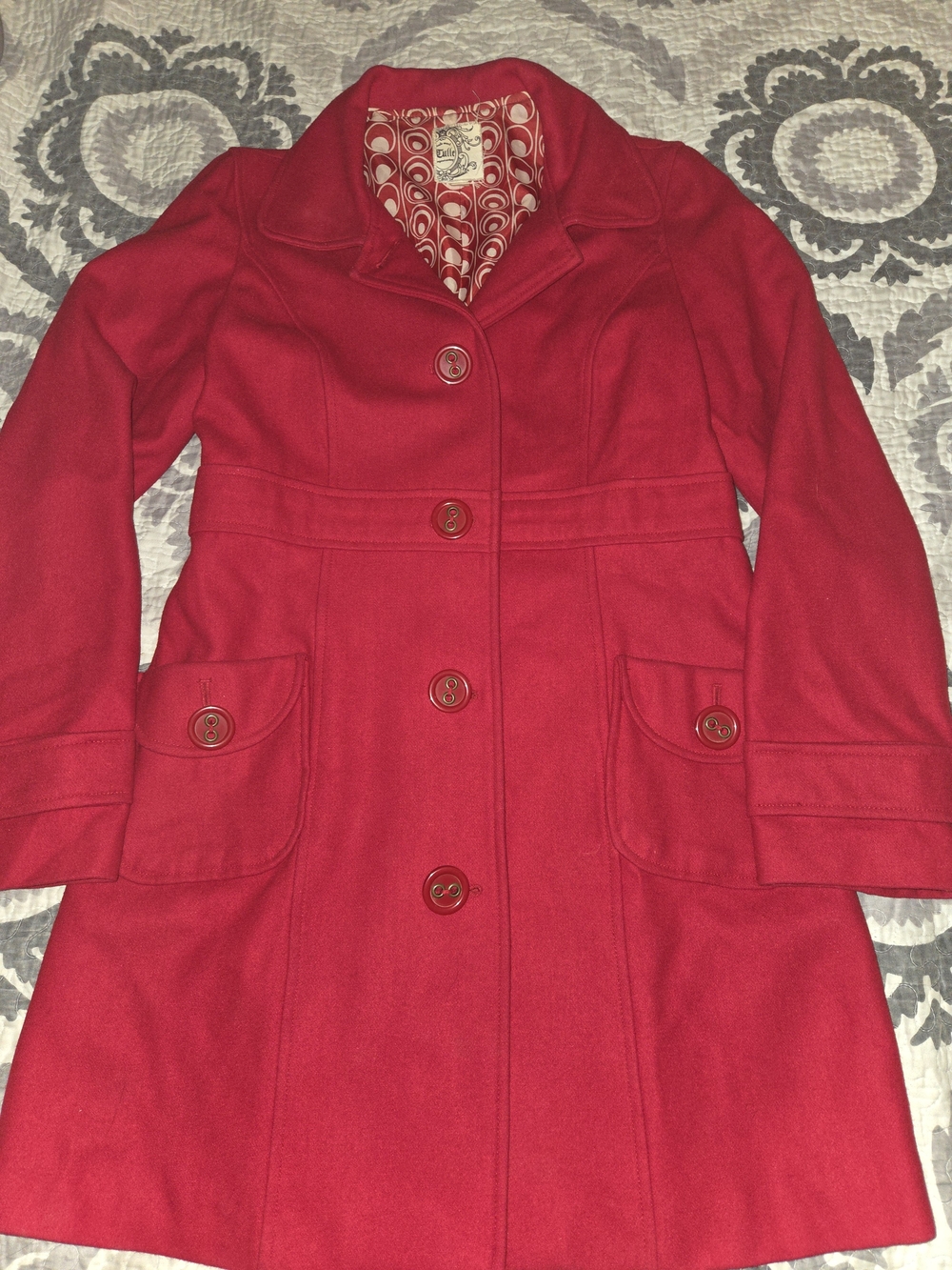 Womens Red Wool-Blend Button Coat By TULLE